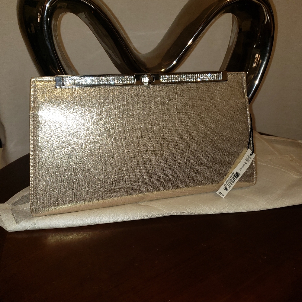 Kate Landry December gold and silver clutch with r